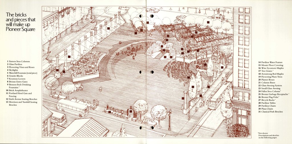 Drawing showing steps in a circular formation, a dining area to the left of the square, and an arrangement of pergolas in the top right. 